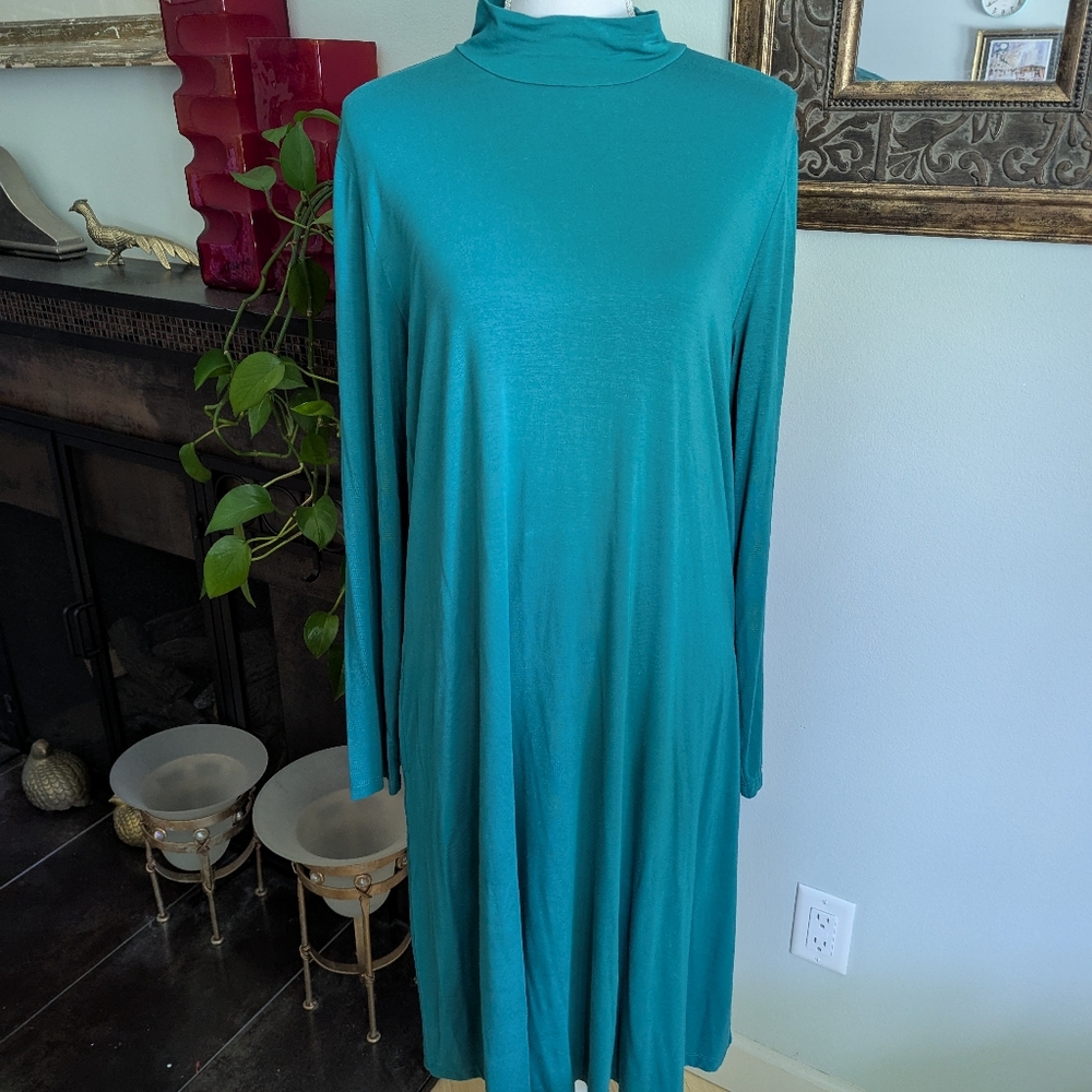SUSAN GRAVER Large Cool Touch Reg Mock Neck Long Sleeve Swing Dress Green 164